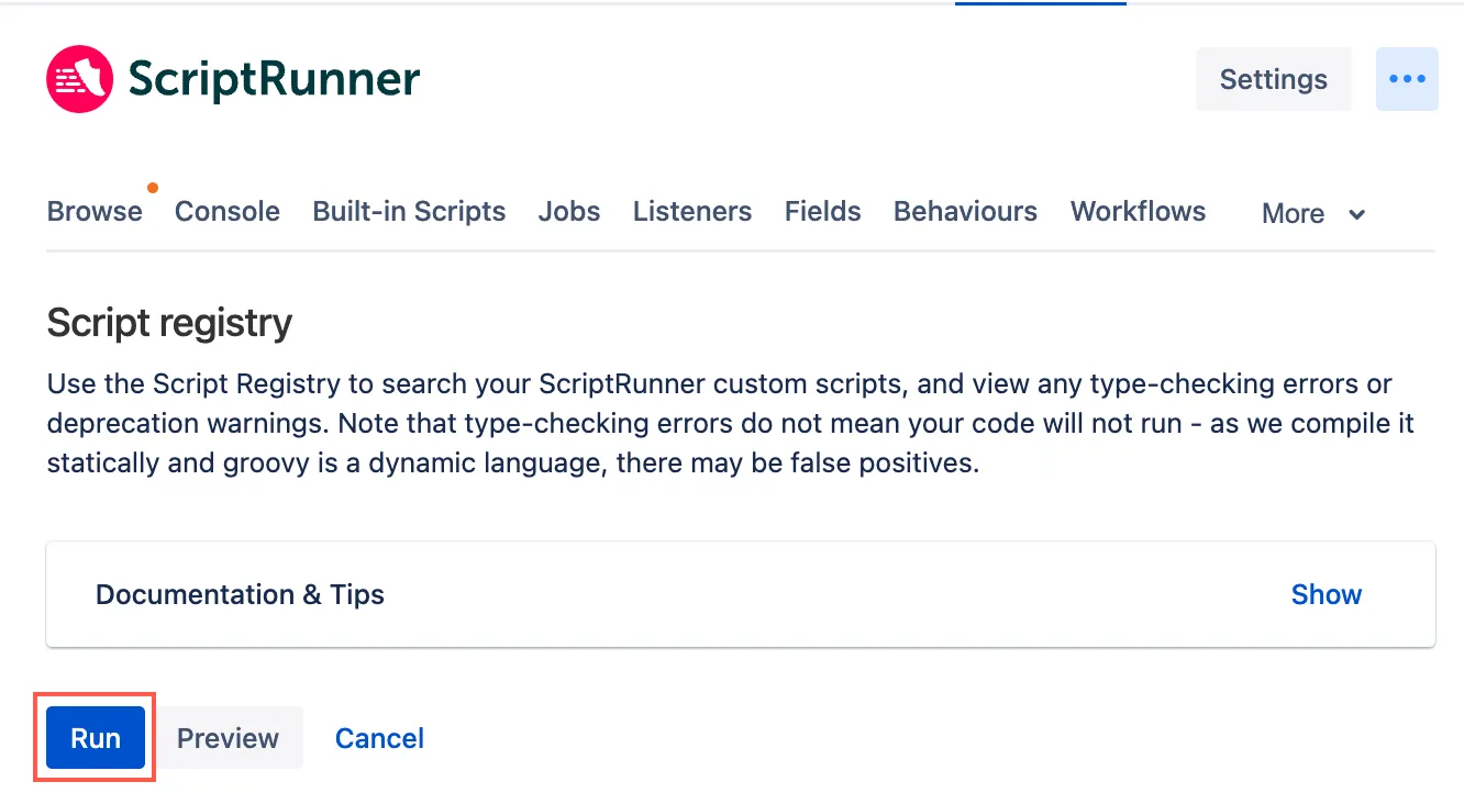 ScriptRunner Script Registry showing a list of custom scripts categorized by feature