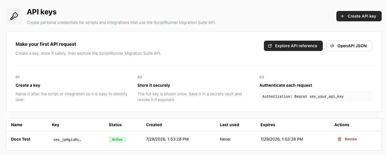 API Keys page showing a populated API key