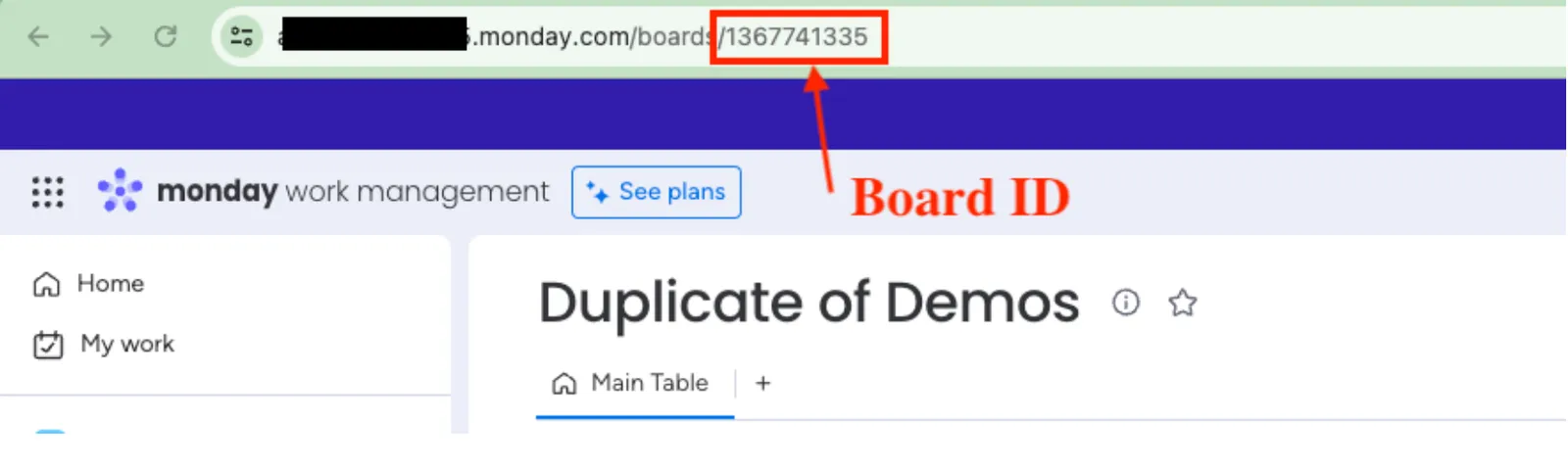 A screenshot of the Board ID shown in the URL.