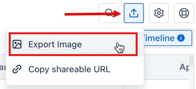 A screenshot with an arrow pointing to the Export and share button and a box highlighting the Export Image option from the menu displayed.