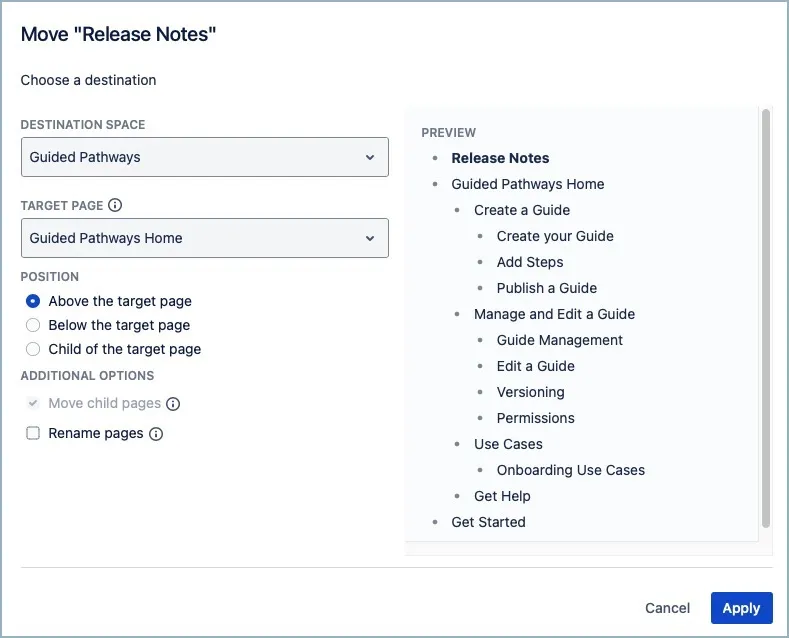 Move dialog showing destination space, target page, position options, and page location preview