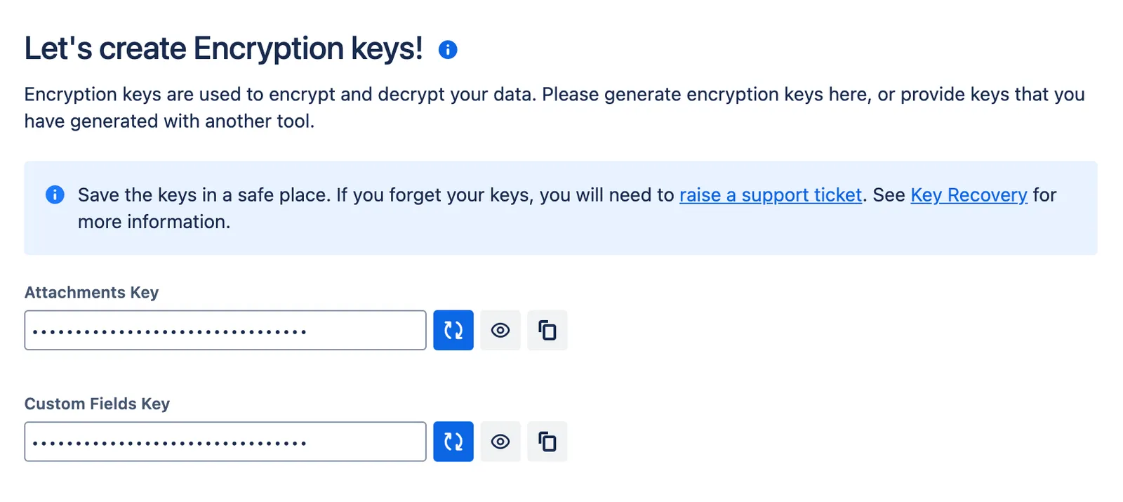 Key configuration screen showing fields for Attachments Key and Custom Fields Key with Generate key buttons
