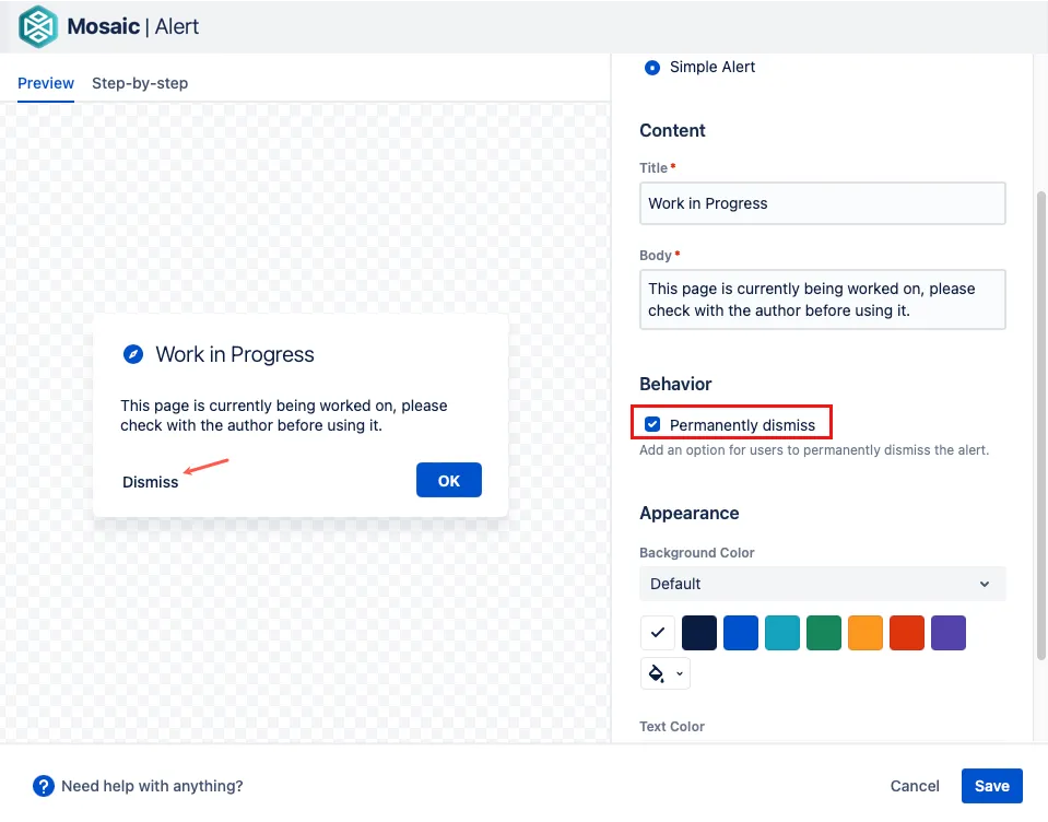 Permanently dismiss checkbox option for alert macro.