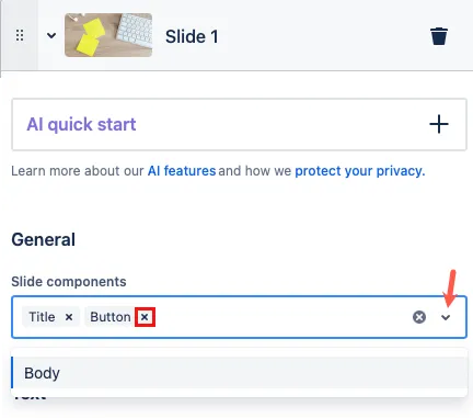 Drop-down menu showing options to add slide components such as title, body, and button.