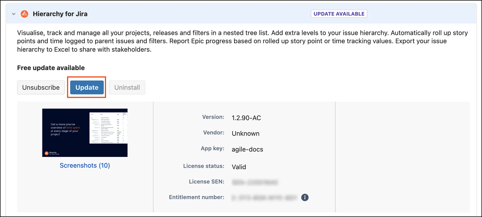 Hierarchy for Jira in the Manage Apps section with the Update button highlighted.