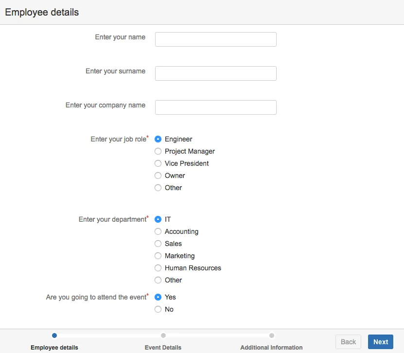 Form page showing the question “Are you going to attend the event required?” with the Next button displayed because the user selected Yes