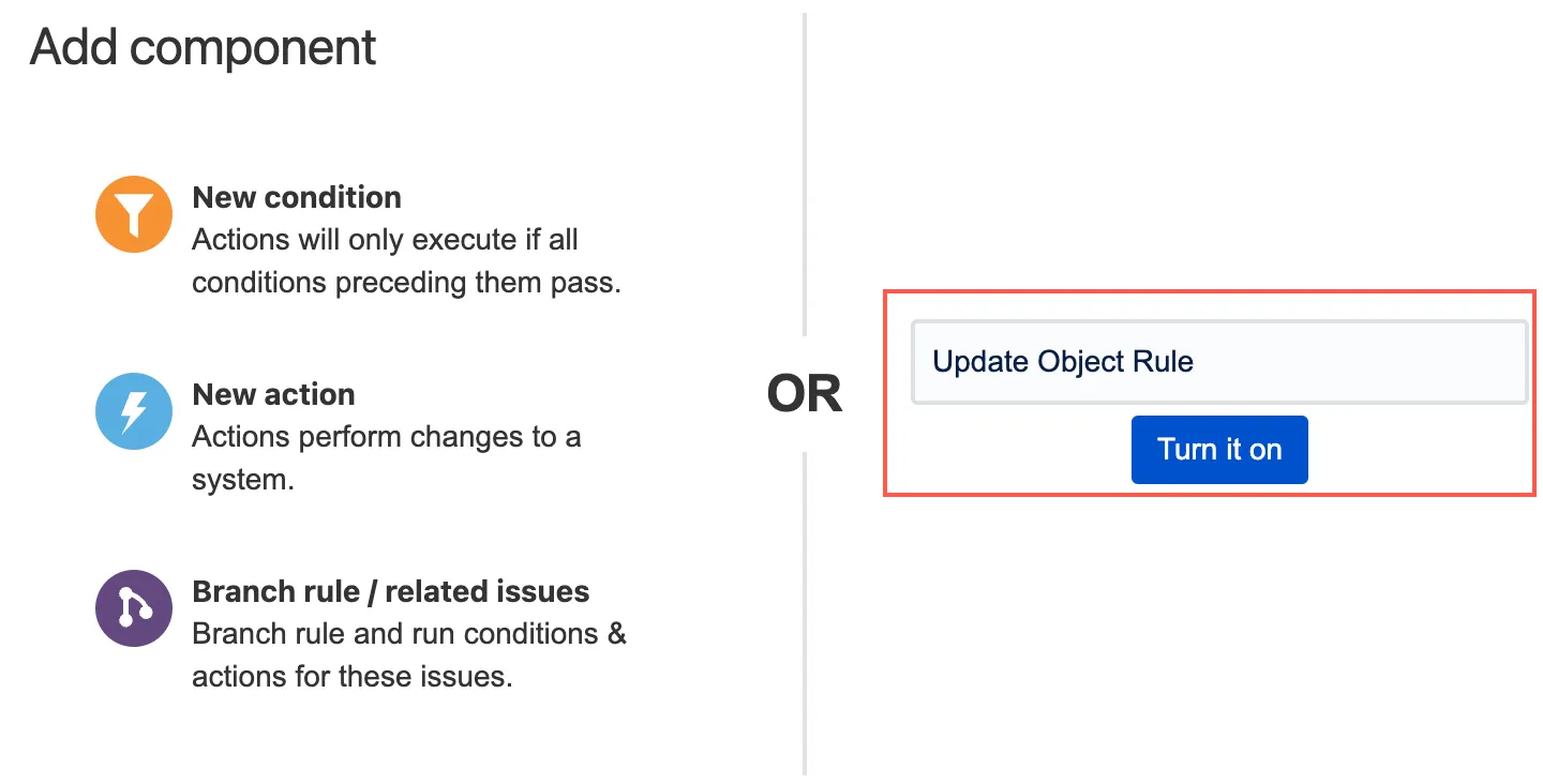 Automation for Jira rule configuration screen showing the Update Object Rule automation with Turn it on selected