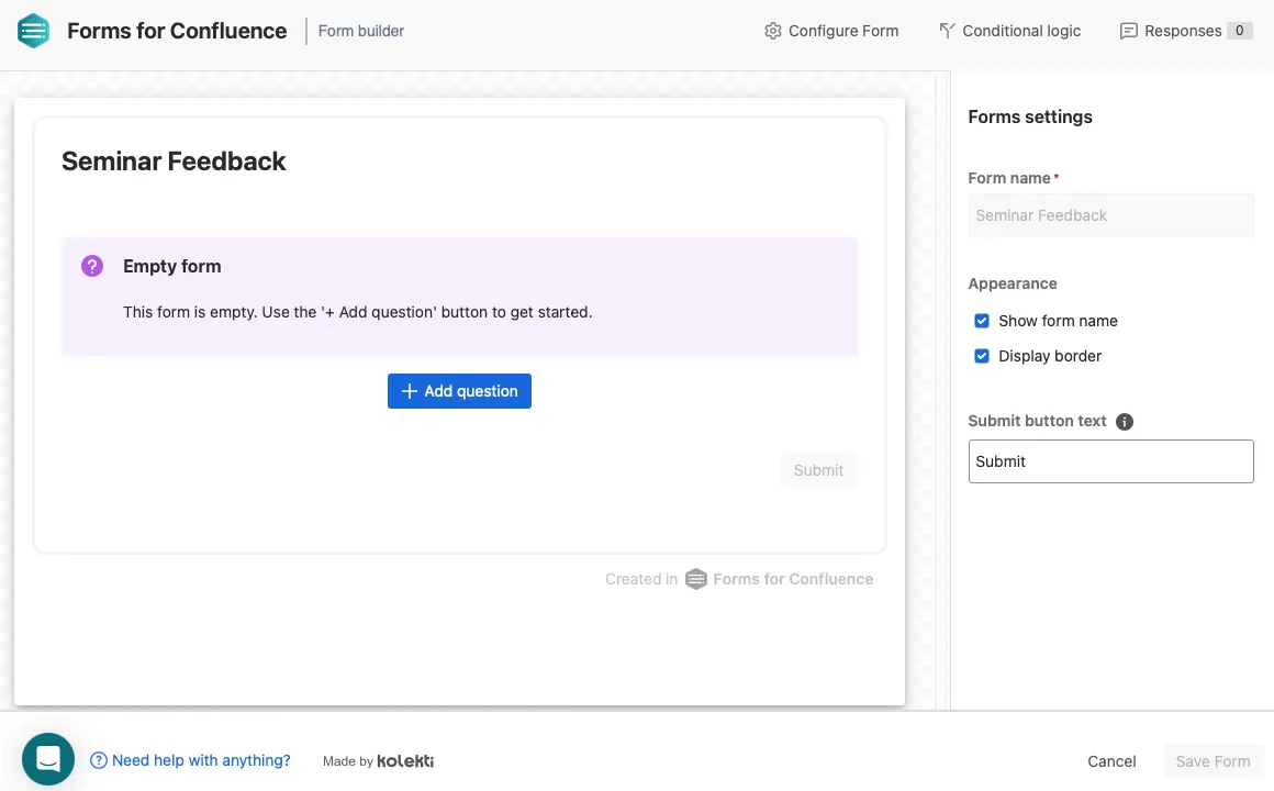 Form Builder interface showing a blank form canvas with fields and layout options