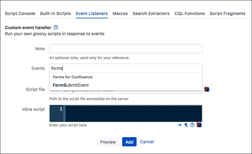 Diagram showing how a submitted form triggers a ScriptRunner FormSubmitEvent listener, which then creates a new Confluence page with the provided space key, page title, and page content.