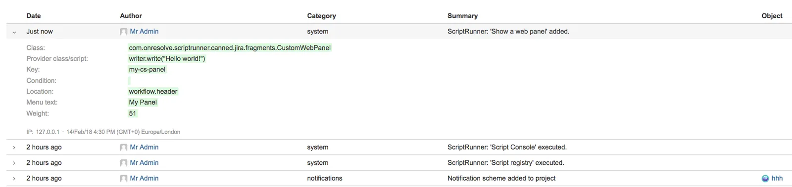 Jira audit log page showing ScriptRunner audit log entries with the Summary field appended with 'ScriptRunner'.