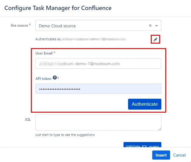 Authenticate button used to save the updated authorized user credentials