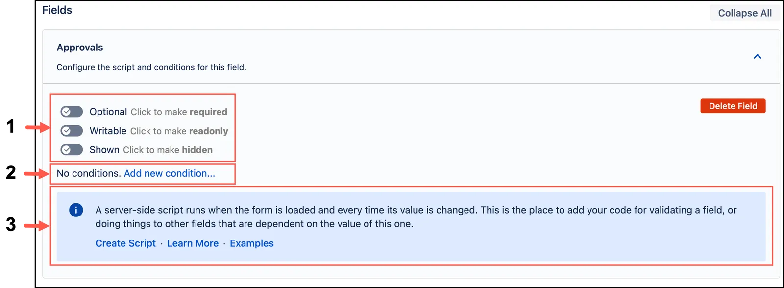 Add Field configuration screen showing field options, conditions, and server-side script settings