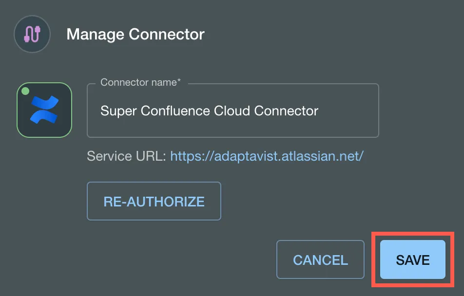 The Save option shown in the Manage Connector dialog.
