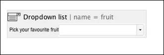 Confluence page editor showing the Forms - Dropdown List macro placeholder within a form