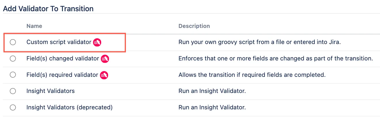 Custom script validator option highlighted in the workflow configuration screen.