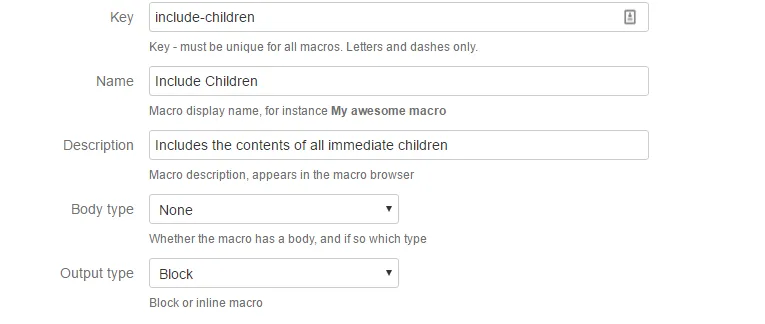 Fields listed in the form are Key - include-children, Name - Include Children, Description - Includes the contents of all immediate children, Body Type - None, Output Type - Block.