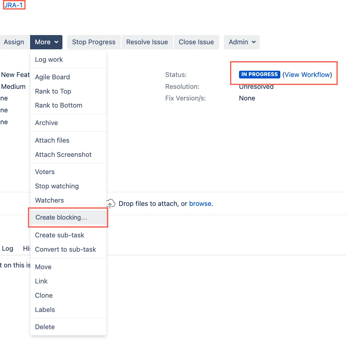Constrained create issue dialog showing the Create blocking link displayed when the project and status condition is met