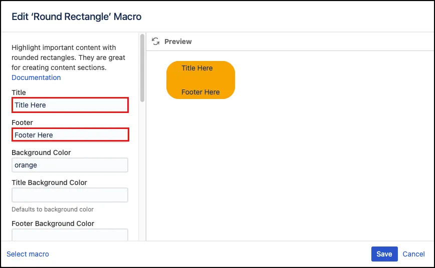Dialog showing Title and Footer fields with sample text in the header and footer areas