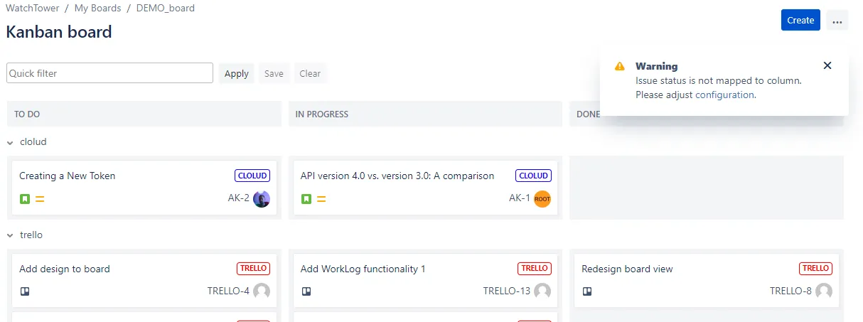 Image of a kanban board with a warning issue displayed