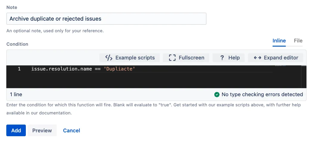 Archive this issue post function with condition entered.