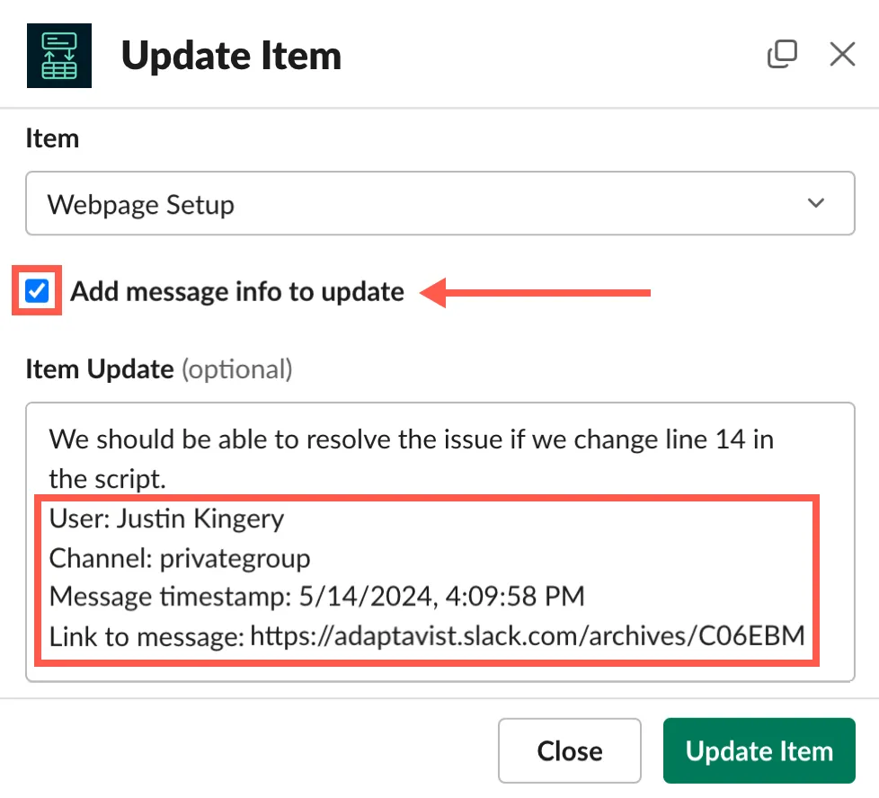Add message info to update option