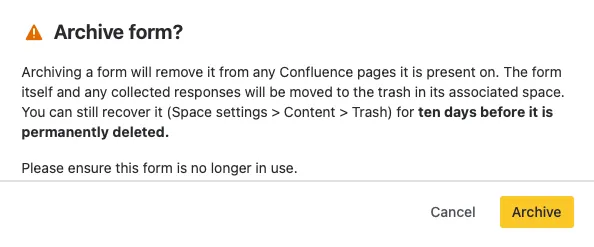 Archive Confirmation dialog showing warning text and Archive and Cancel buttons
