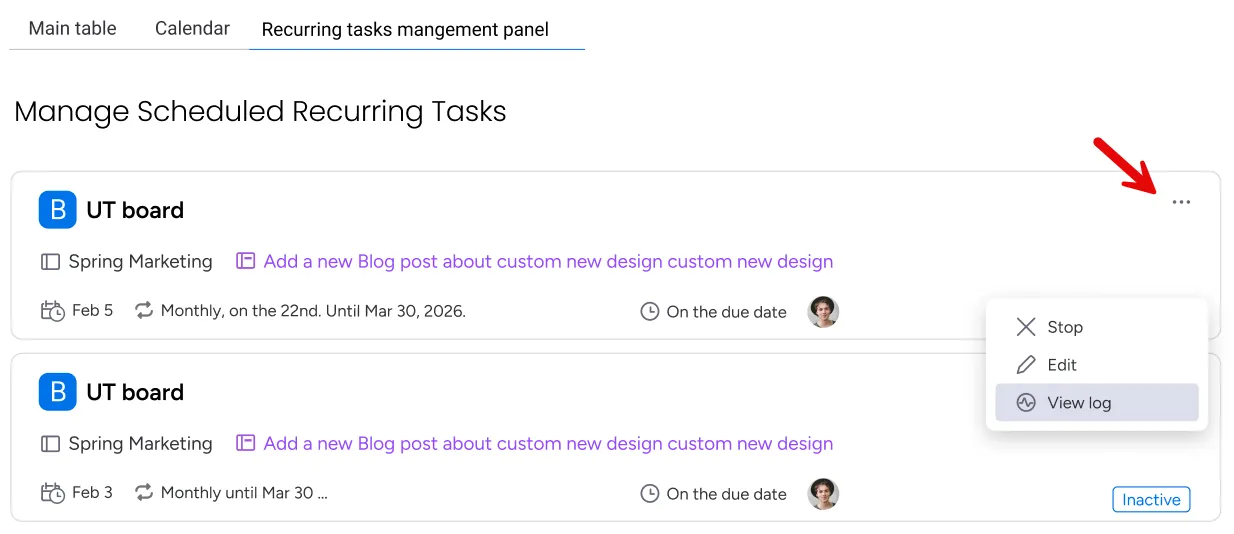 Ellipsis button menu for a recurring task, showing options to stop, edit, or view the task log.