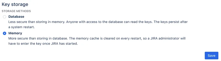 Key Storage configuration screen showing options to store the key in the database or in memory.