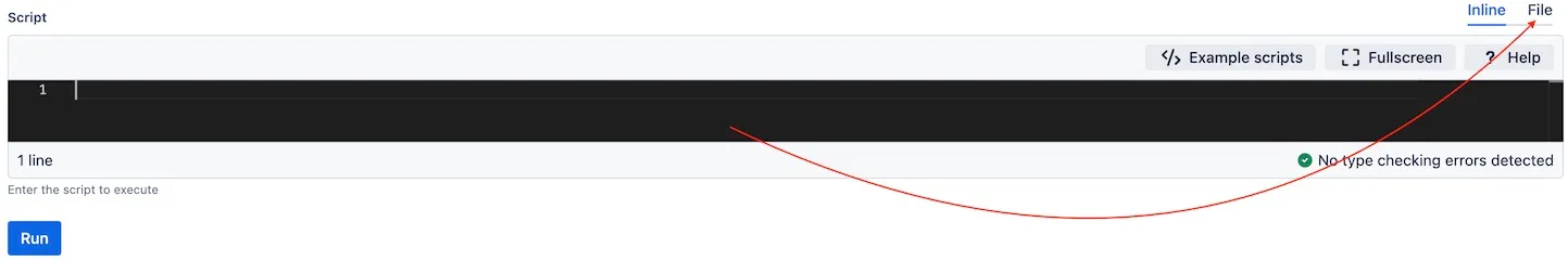 Directions to the File tab, which is in the upper-right corner of the Script Console layout.