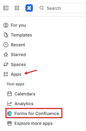 Screenshot of the Confluence Apps menu highlighting the Forms for Confluence option on the left-hand sidebar.
