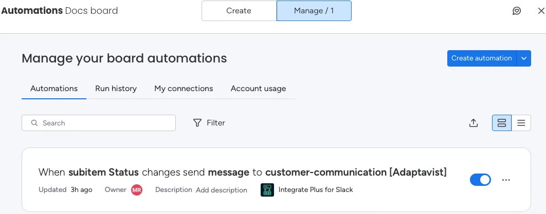 The Manage tab in the Automation Center