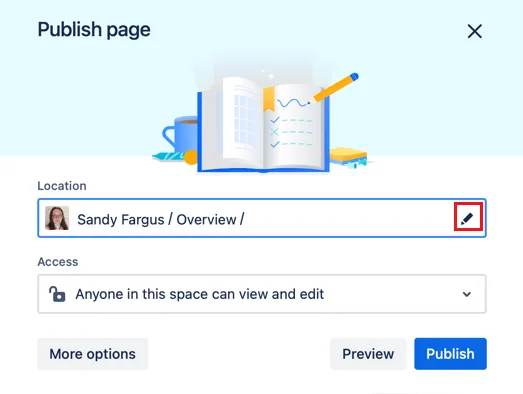 Confluence publish dialog showing the Publish button, space selection field, and pencil icon for choosing the destination space
