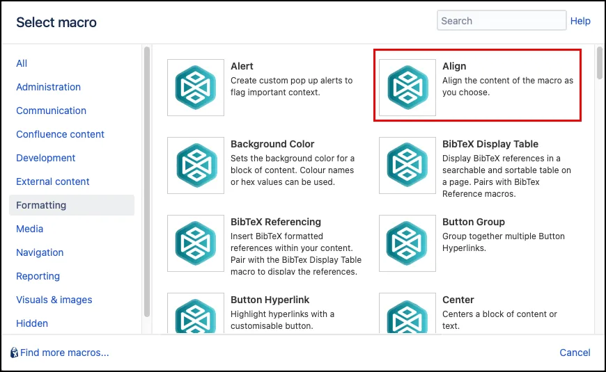 Macro Browser showing the Align macro selected