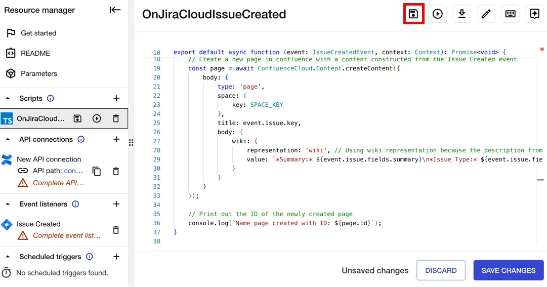 An example scripting page with the Save icon highlighted.