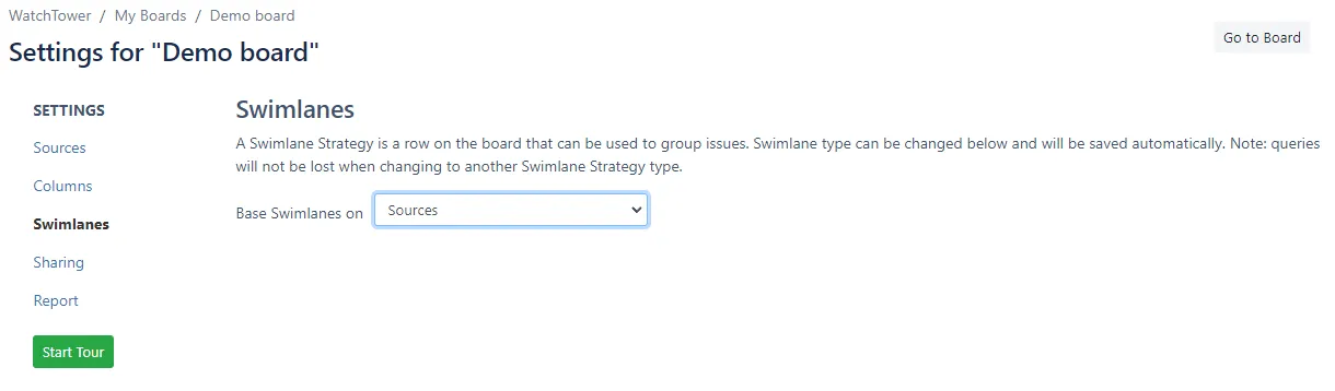 Image of the Swimlanes screen within Settings