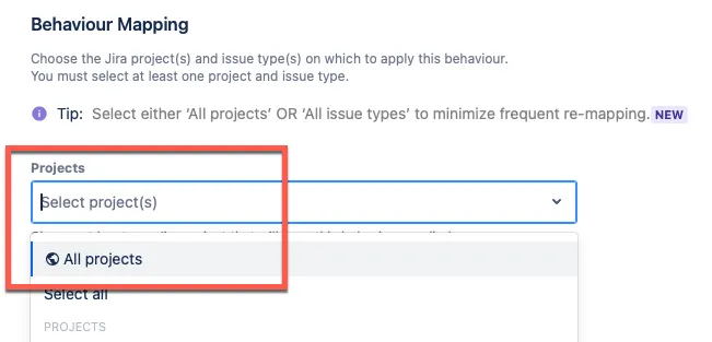 Behaviours mapping dialog showing the All spaces and All work types wildcard options.