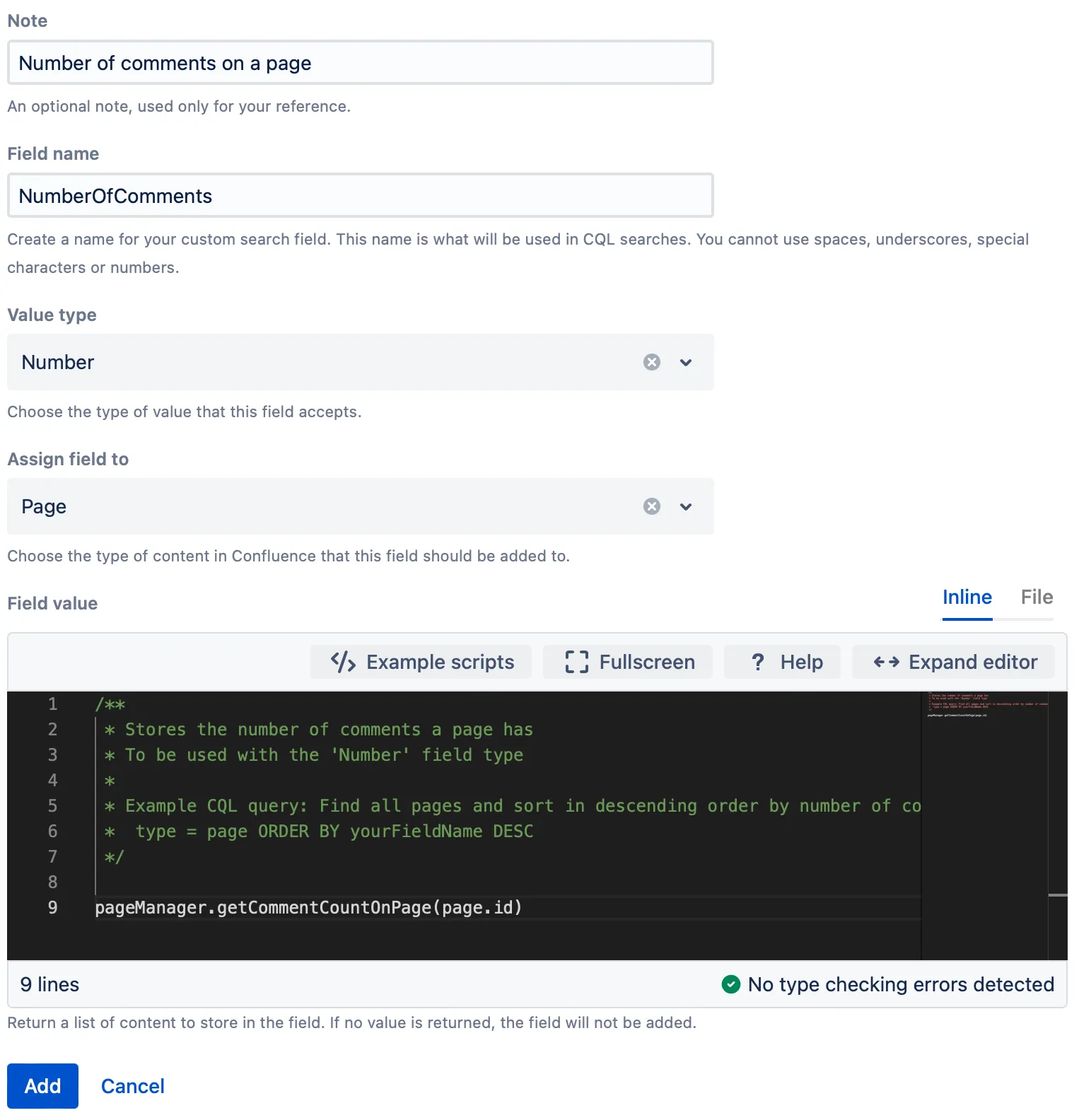 The Create a Custom Search Field form with example configuration.