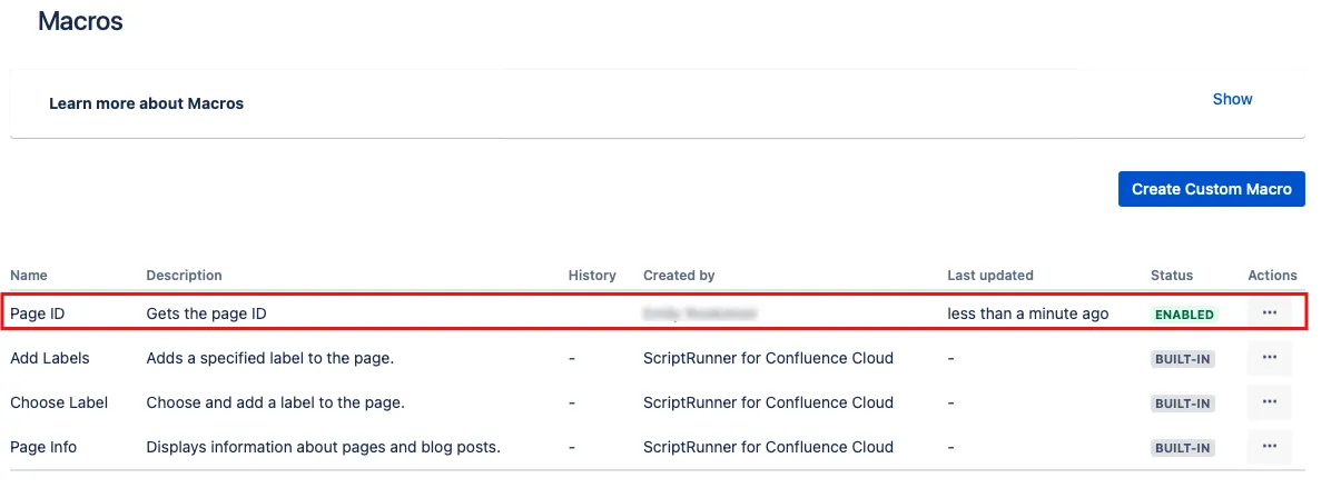 The newly created macro shown in the list of macros.