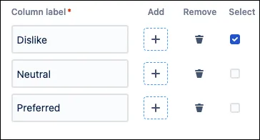 Form editor showing the Checkbox Matrix with three column options labeled Dislike, Neutral, and Prefer