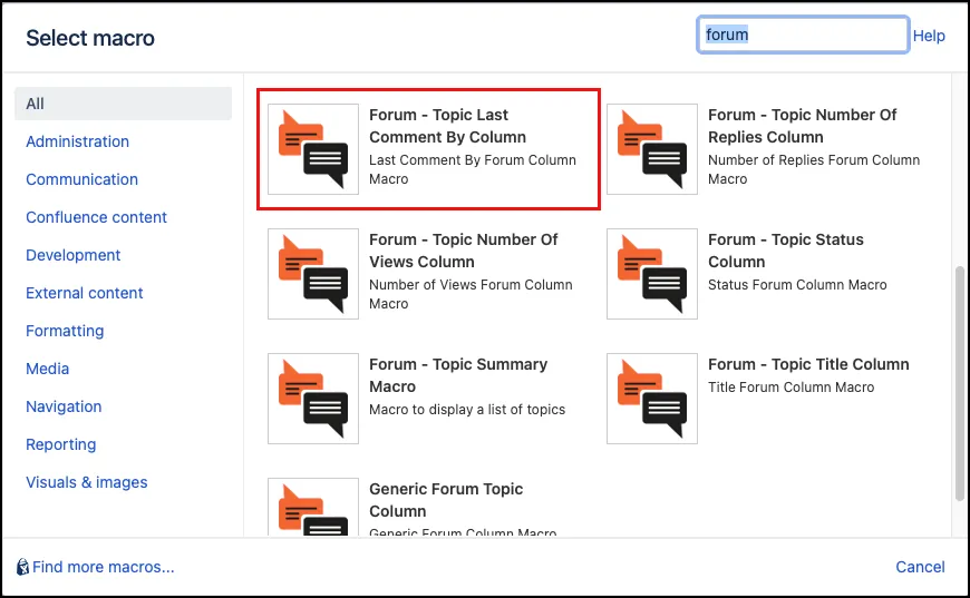 Forum - Topic Last Comment By Column macro selected in the Other Macros menu.