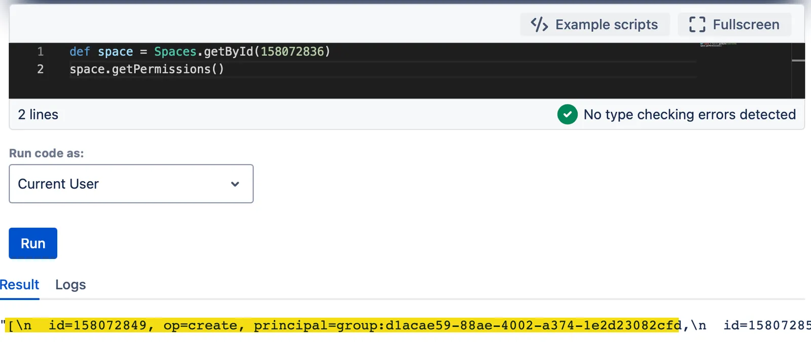 The result of the "Get Space Permissions" script.