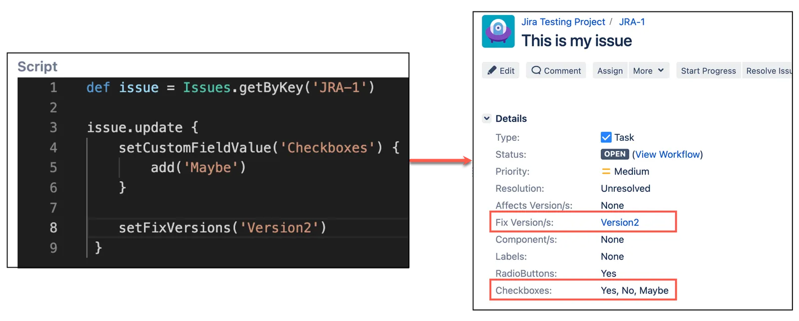 Screen showing a Jira issue update script that adds a new checkbox value and a fix version using the add() function.