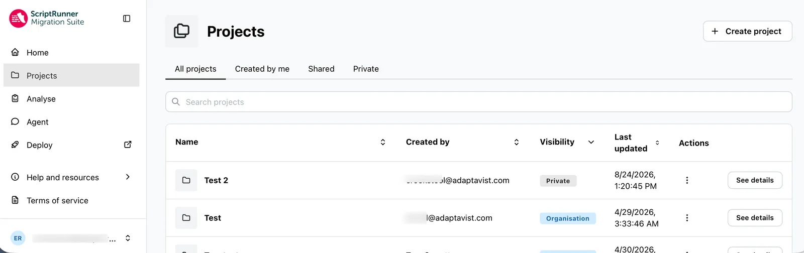Projects page showing navigation sidebar with Projects tab selected