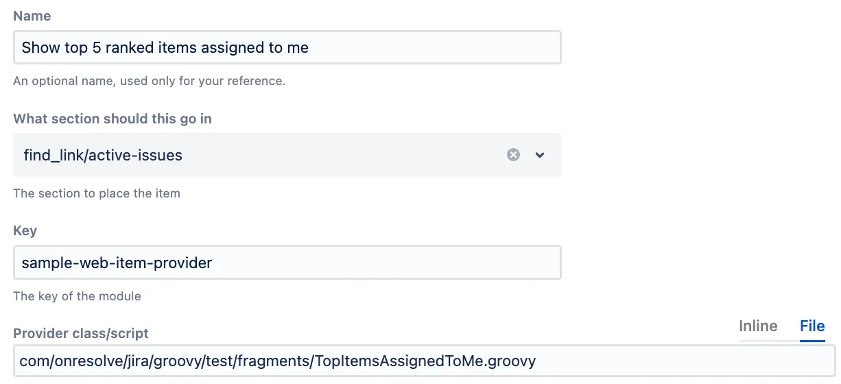 Jira web item provider configuration screen showing fields for name, key, and class with example values