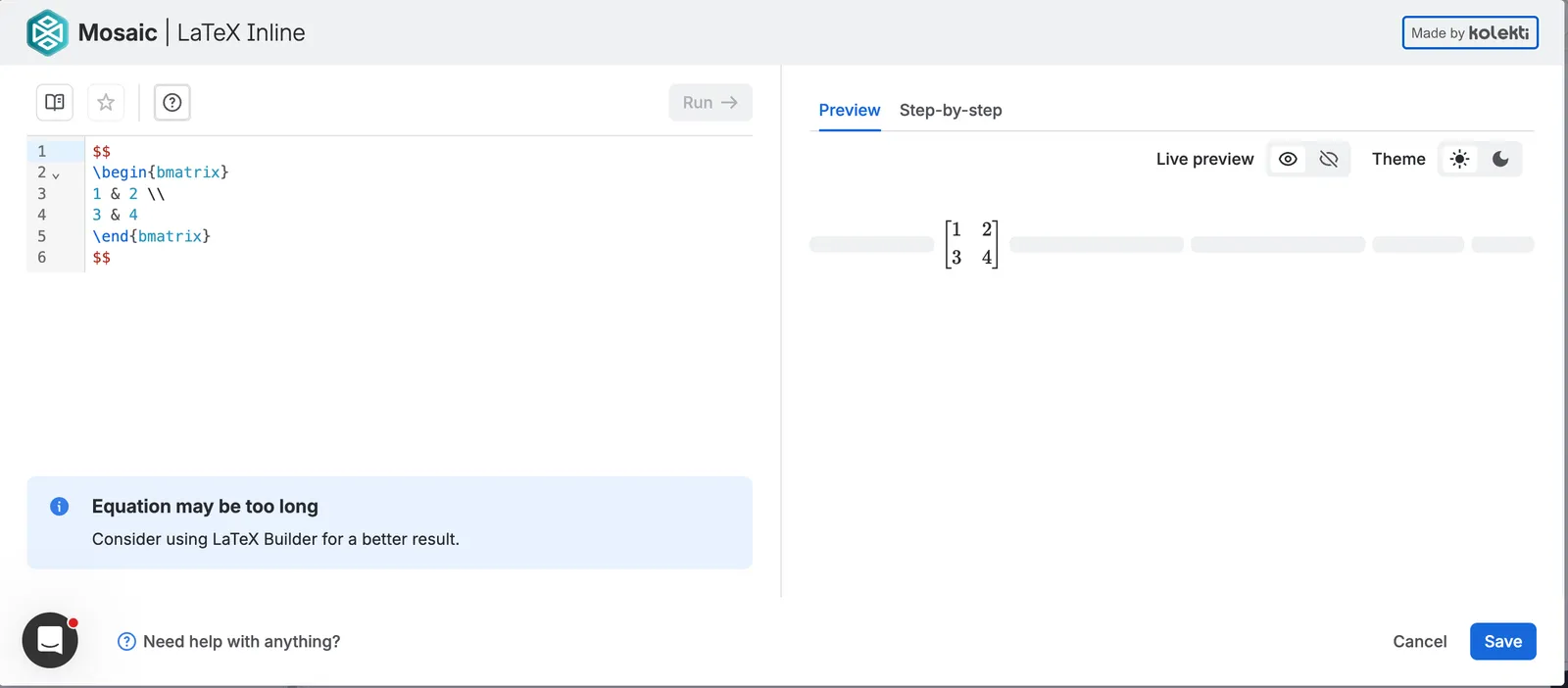 LaTeX inline editor showing matrix formatting.