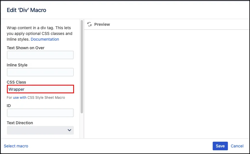 Div macro editor showing the Class field set to "Wrapper" for wrapping the iFrame