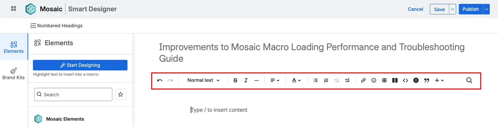 Smart Designer formatting toolbar highlighted