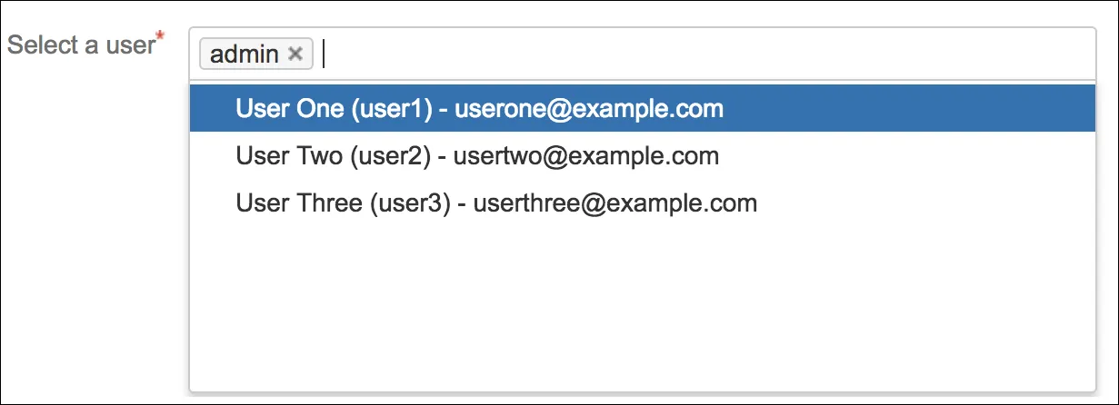 Example of the final User Picker field on a form, showing a dropdown list of users with a search box.