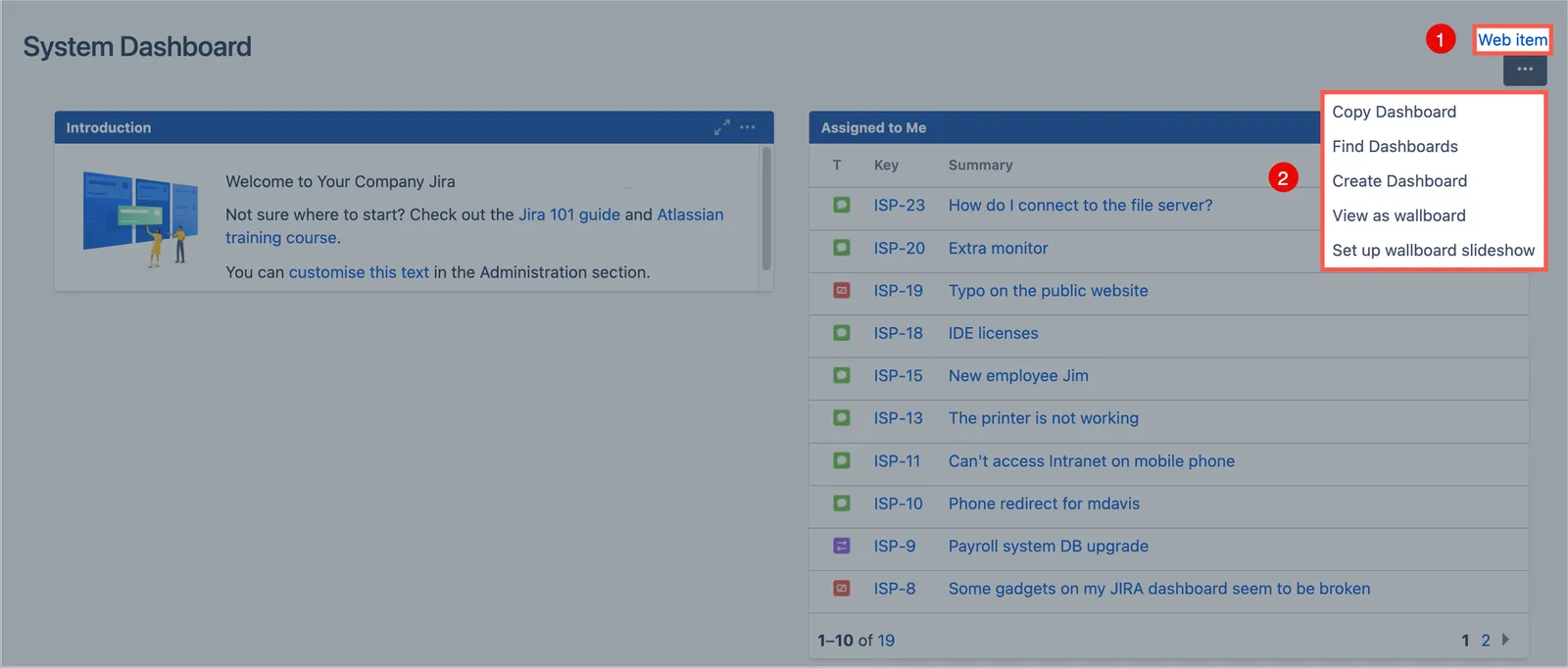 System dashboard page with fragment locations highlighted