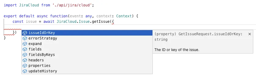 Code snippet showing an async function to get a Jira issue. A dropdown menu suggests parameters like issueIdOrKey, errorStrategy, and expand.